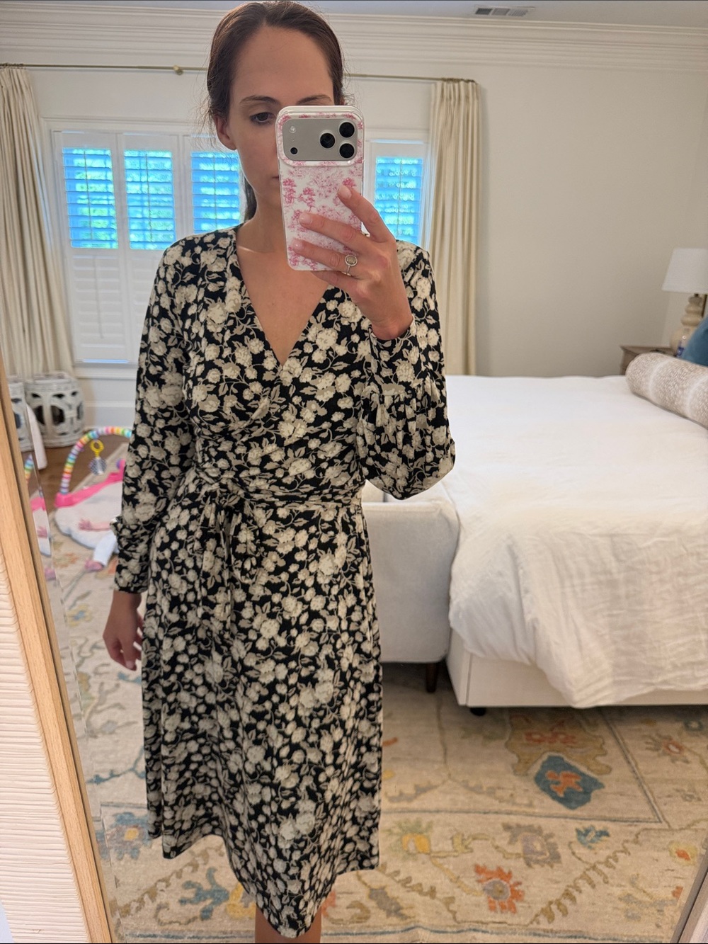 H&M Black and White Floral Wrap Midi Dress with Tie Waist